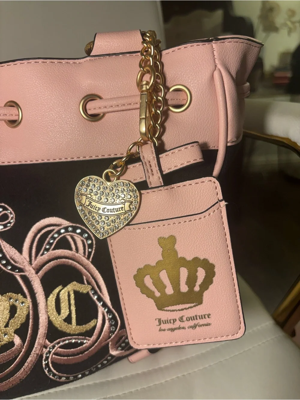 NWT Juicy Couture Pink and Black Terry Tote Crest Embroidery bag charm bag tag